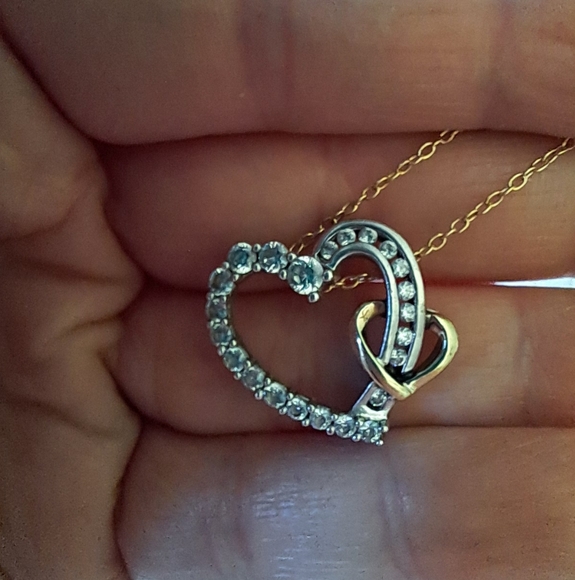 Vintage Sterling Silver & 10K Yellow Gold Double Heart Pendant Graduated Stones - Picture 6 of 10